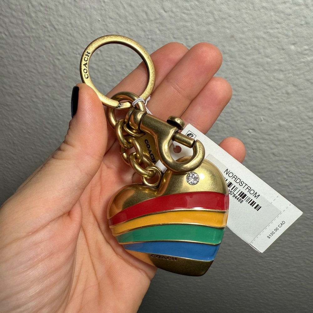Coach Gold-tone Heart Keychain with Red, Yellow, Green & Blue Stripes